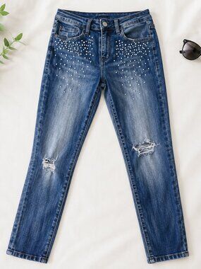 Seven7 Mid Rise Skinny Jeans Pearl Embellished Distressed Stretch Denim Size 8